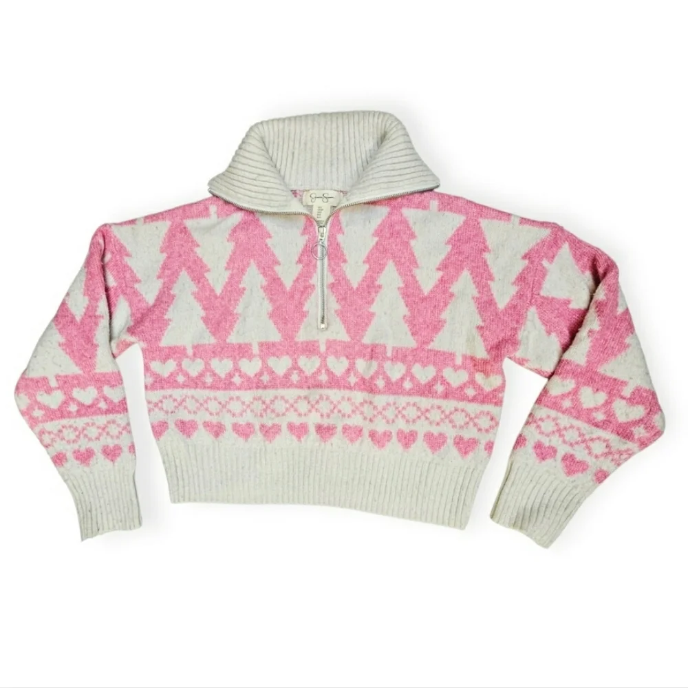 Jessica Simpson Winter Fuzzy Pink Christmas Tree Heart Cropped Half Zip Sweater - Picture 6 of 11